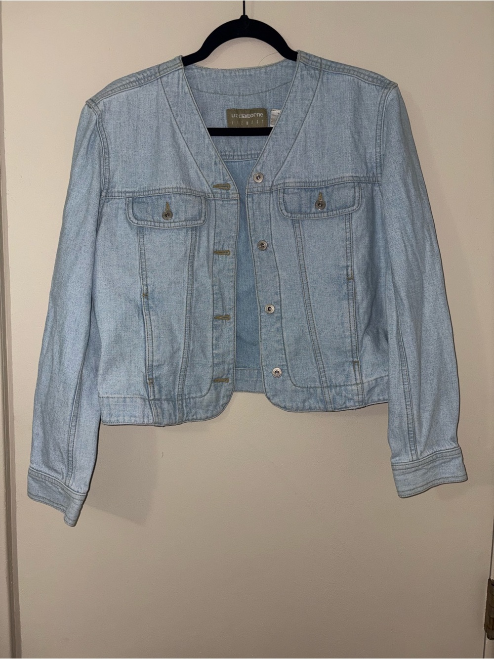 Liz Claiborne Y2K Collarless V-Neck Light Blue Denim Jacket - Women's
